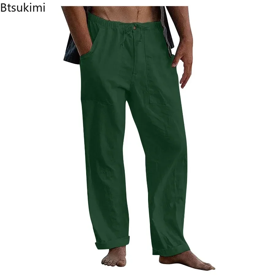 2026 Men\'s Breathable Cotton Linen Beach Pants Fashion Solid Loose Casual Trousers Summer Drawstring Pocket Straight Yoga Pants