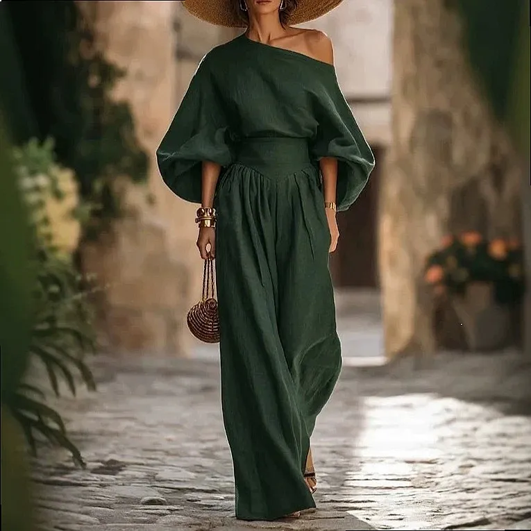 Fashion Off Shoulder Top and Wide Leg Pants Matching Set, Summer Tops Blouse with Loose Pants Suit