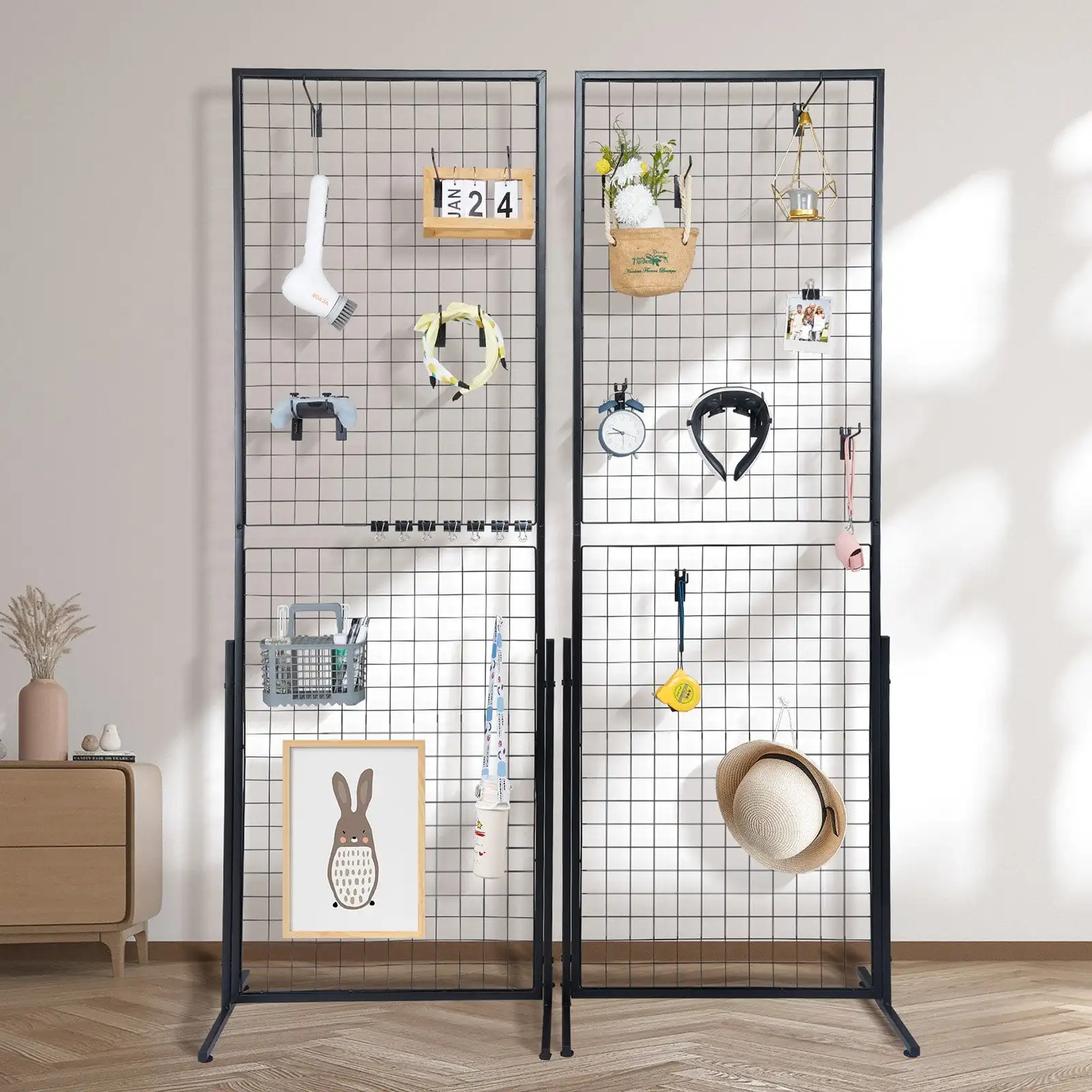 2' x 5.6' Grid Wall Panels Tower, 2 Pack Wire Gridwall Display Racks with TBase Floorstanding, Includes Extra Clips and Hooks