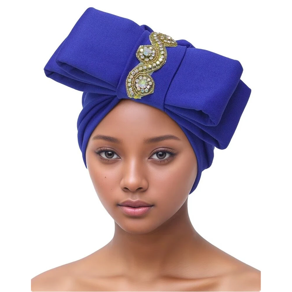 African Headtie Gele Head Wraps Royal Blue Turban Hijab Hats WIth Stones Nigerian Muslim Hats For Women Girls