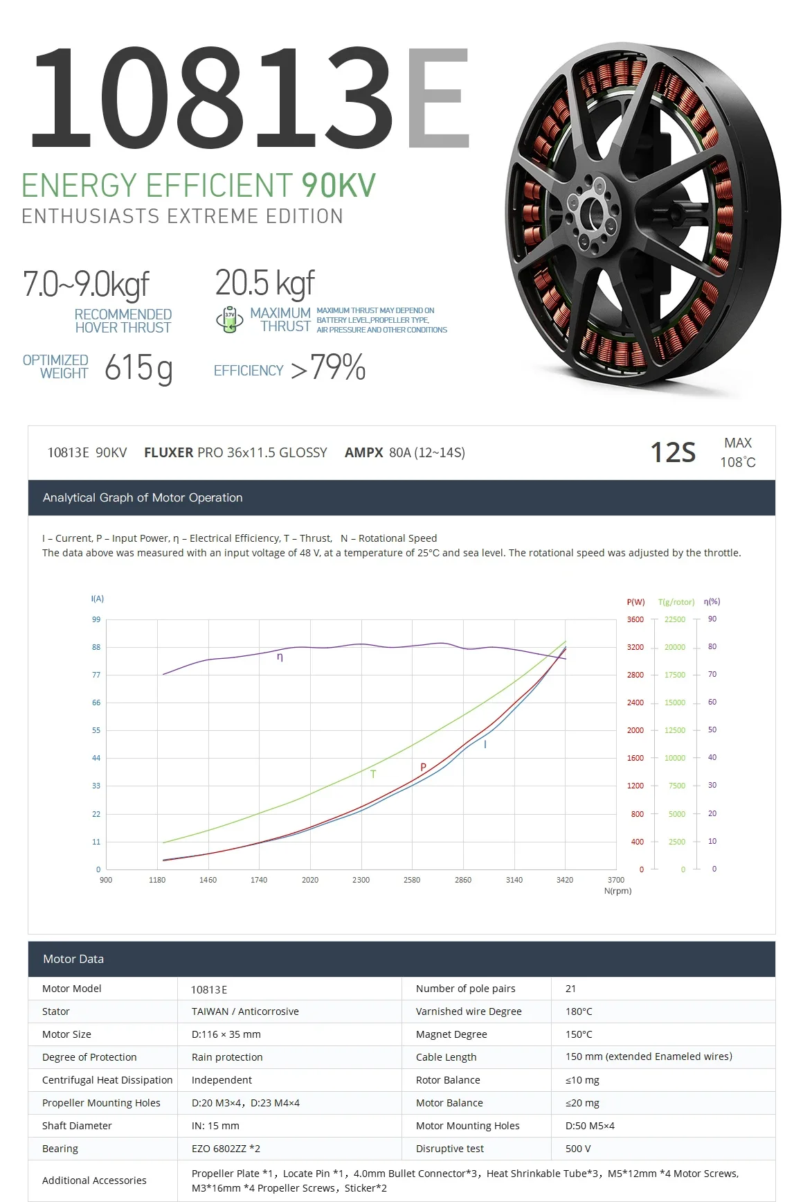 10813E 90KV محرك بتيار مستمر بدون فرش 12S 20.5 كجم أقصى دفع متعدد الدوار VTOL Dr-one Motor