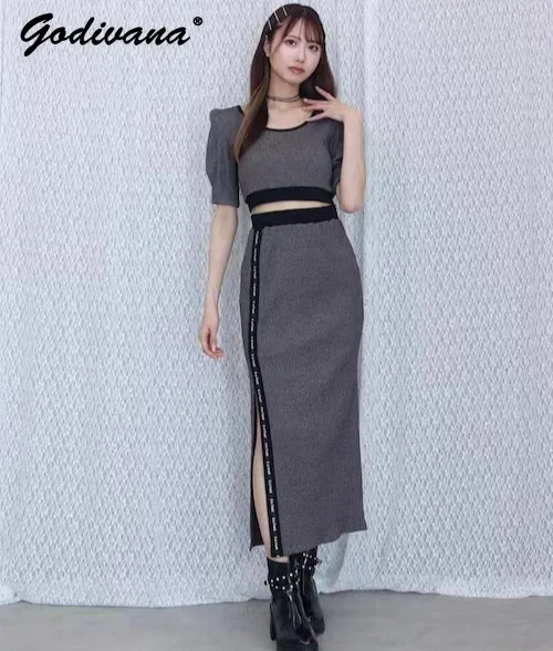 

Japanese New Summer Sweet Hot Girl Short Sleeve Slim High Waist Cropped Top Slit Long Skirt 2 Piece Set Women Outfits