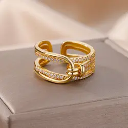 Luxury Double Layers Zircon Rings for Women Gold Plated Opening Stainless Steel Ring 2023 Trend Aesthetic Party Wedding Jewelry