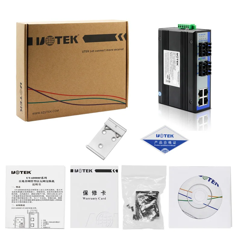 UOTEK 4 Ports 10/100M RJ45 2 Layer Unmanaged Industrial Ethernet Switch 4 Fiber SC DIN-Rail UT-60008F-4T4SC-MNF