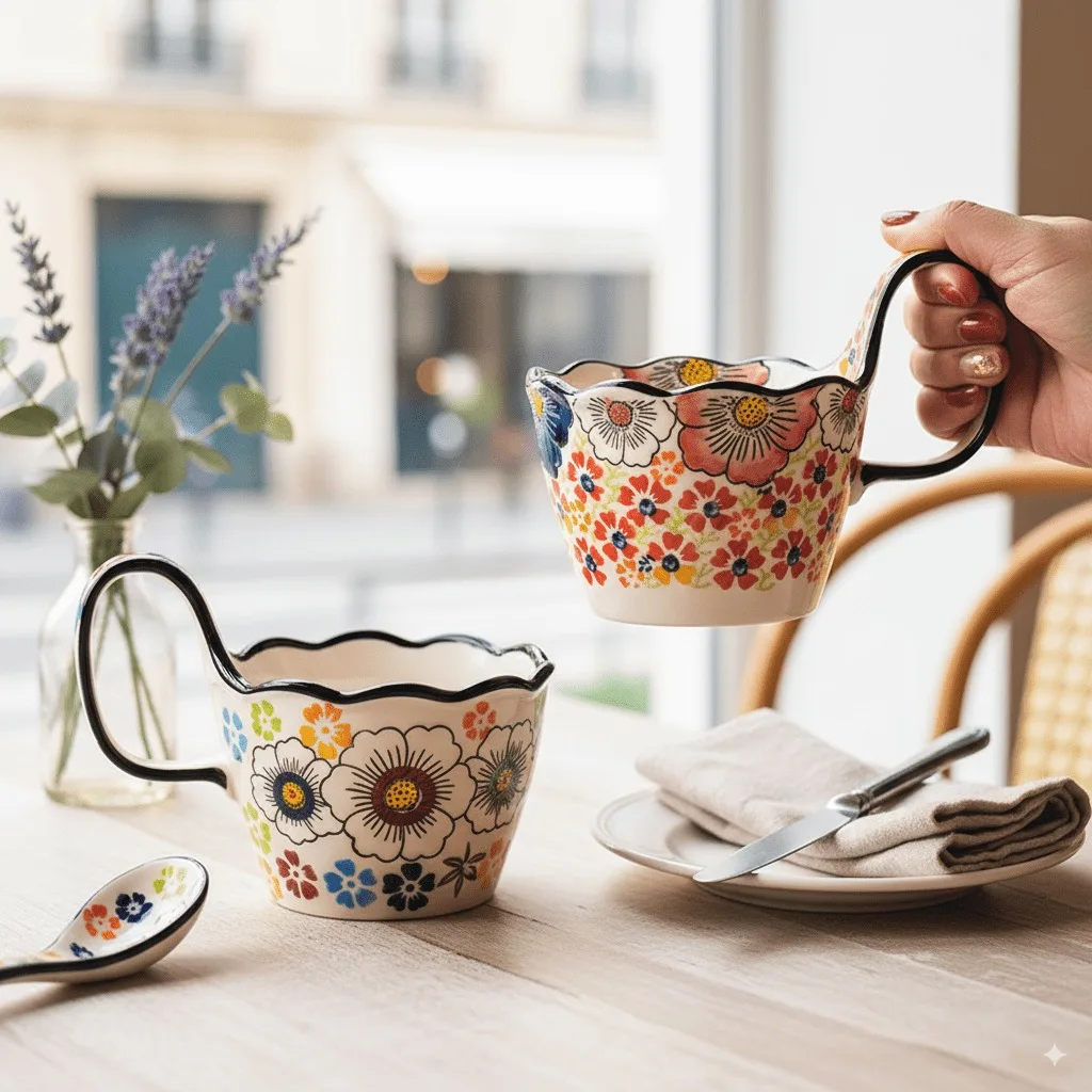 

400ml Vintage Ceramic Mug with Handle and Spoon- Durable Drinkware Tea or Hot Chocolate, Sturdy Handle Design Gifts