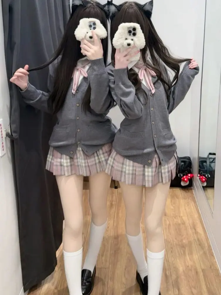 

Spring Autumn Uniform Skirt Sweater Knittedwear Caramel Versatile Basic Outerwear Layered Top Women's Fashion Set