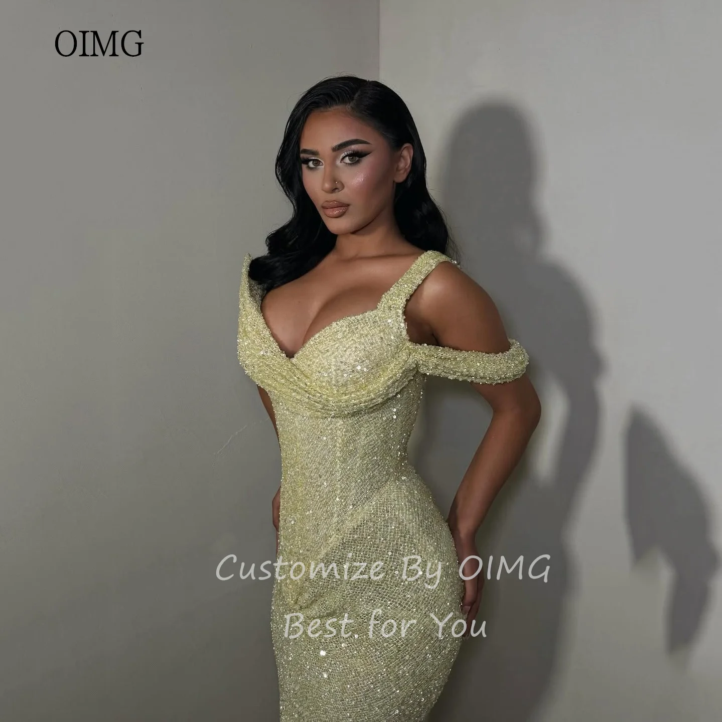 OIMG Shiny Elegant Mermaid Prom Gowns Yellow One Shoulder Party Gown Floor Length Evening Dress فساتين سهرة Customized image 2
