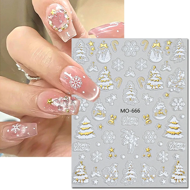 

5D Embossed Nail Art Decals Gold White Christmas Balls Trees Bells Snowflakes Stars Nails Stickers Decorations For Manicure