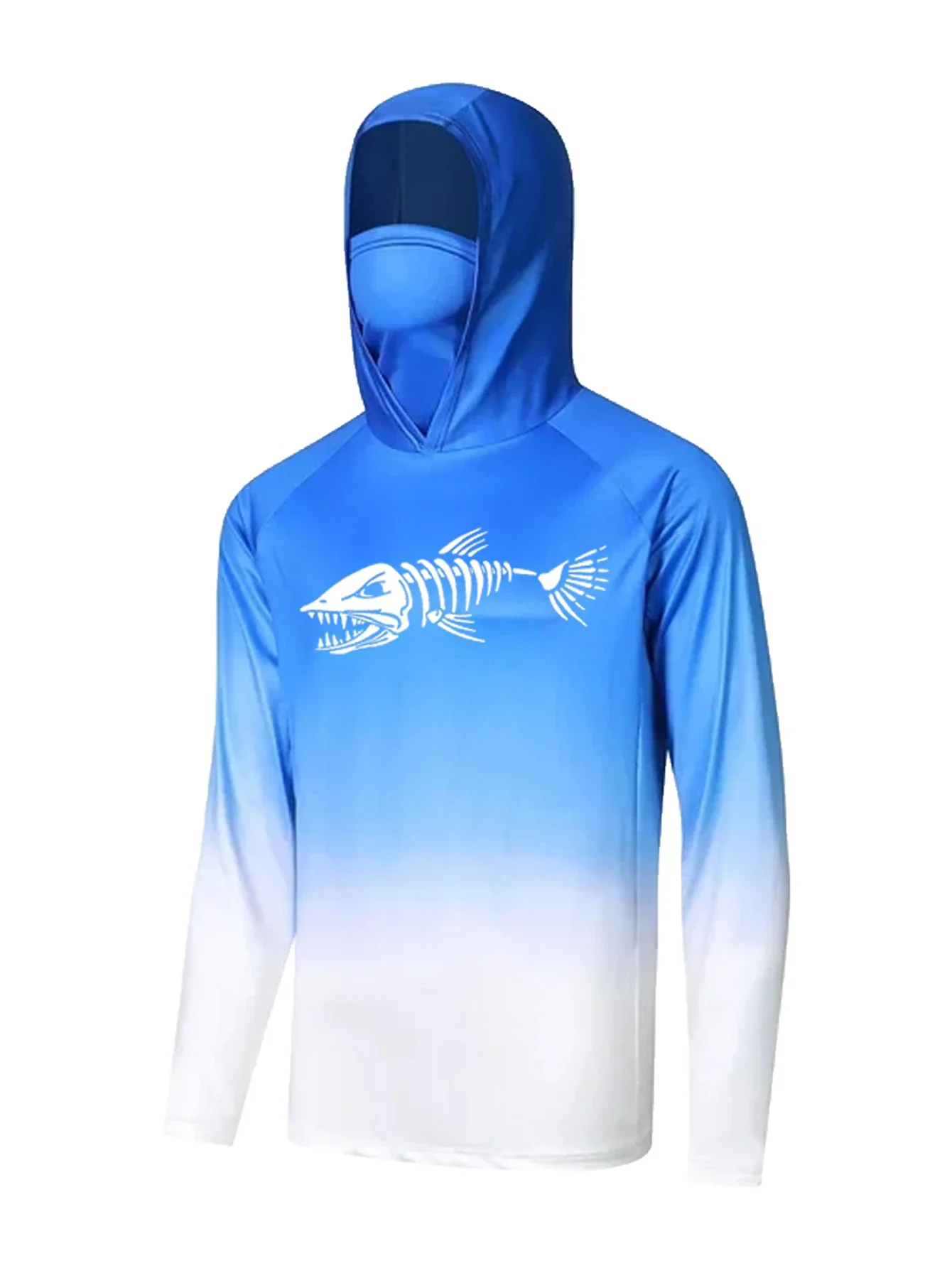 Blue to white gradient hooded fishing shirt with fish skeleton print and face cover