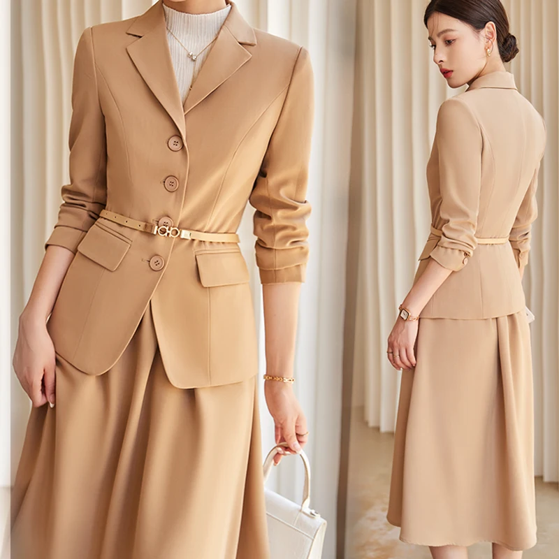 High Quality fall Womens Work Wear 2-piece Long Skirt Korean Coat Female Formal Office Ladies Blazer Sets (without Belt) wint