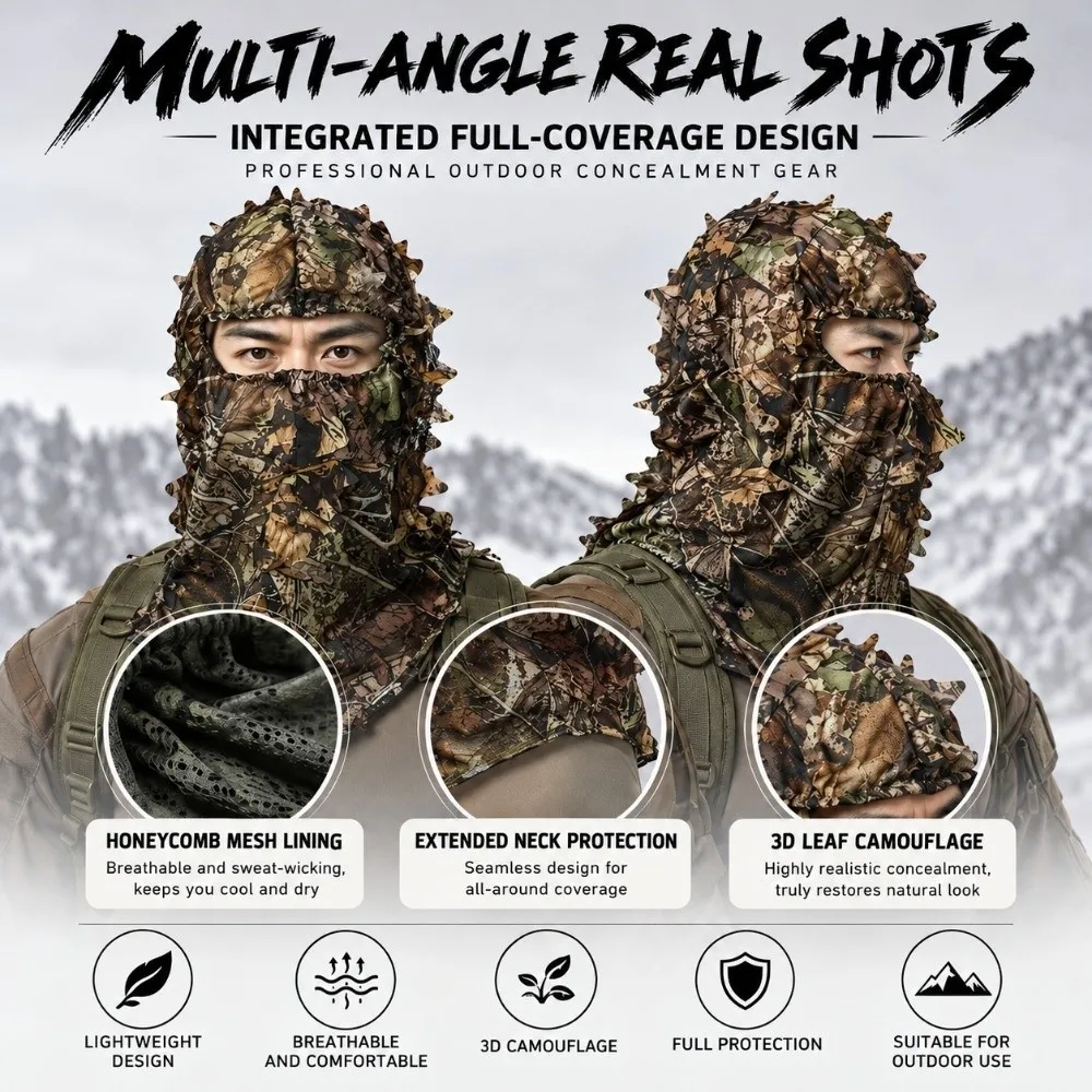Realistic Pattern Leafy Face Mask Maple Leafy 3D Full Face Hat Lightweight Breathable Mesh 3D Face Mask Fishing