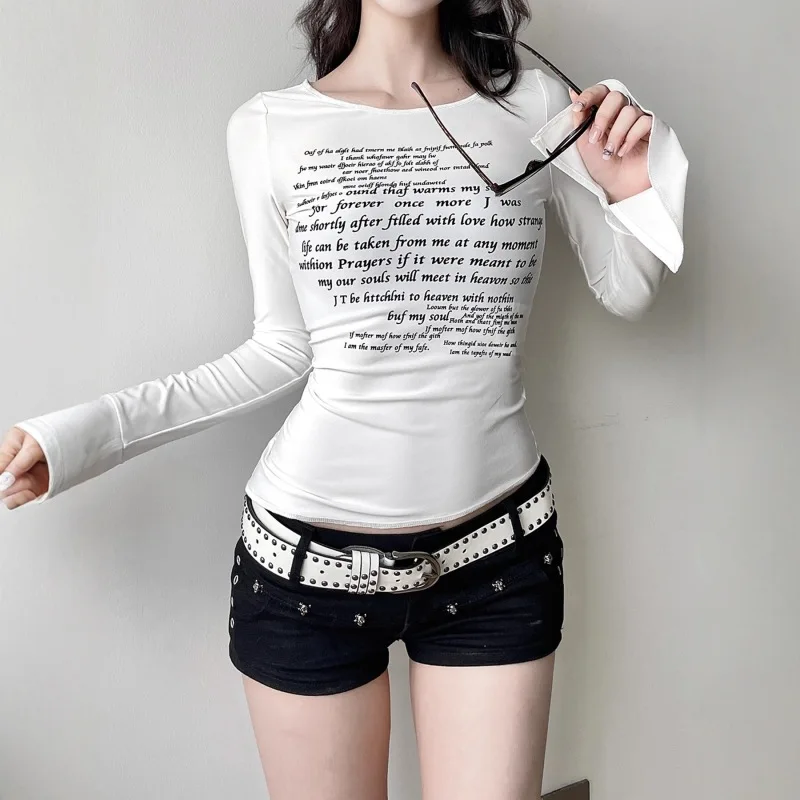 Y2k Millennium style early autumn women's clothing sleeve slit design letter print Ins personality simple slimming casual