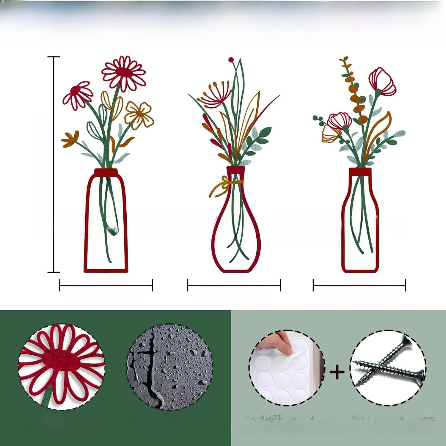 

Minimalist Black Metal Flower And Vase Wall Decor Art Sculpture Iron Floral Home Decorations Set of 3 Decorative Pieces