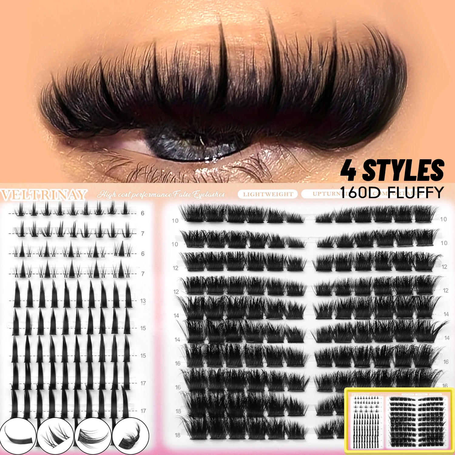 Anime Cosplay Lashes - VELTRINAY 4-in-1 208pcs 속눈썹 클러스터 1스타일