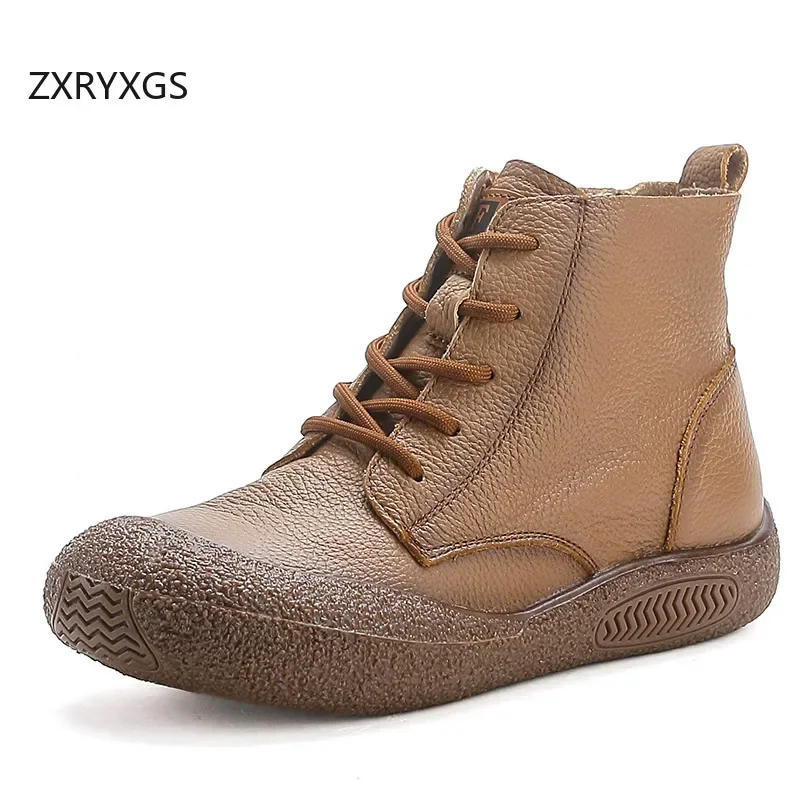 ZXRYXGS 2024 Autumn Cross Strap Side Zipper Genuine Leather Sneakers Boots Trend Shoes Woman Boots Flat Soft Sole Casual Boots