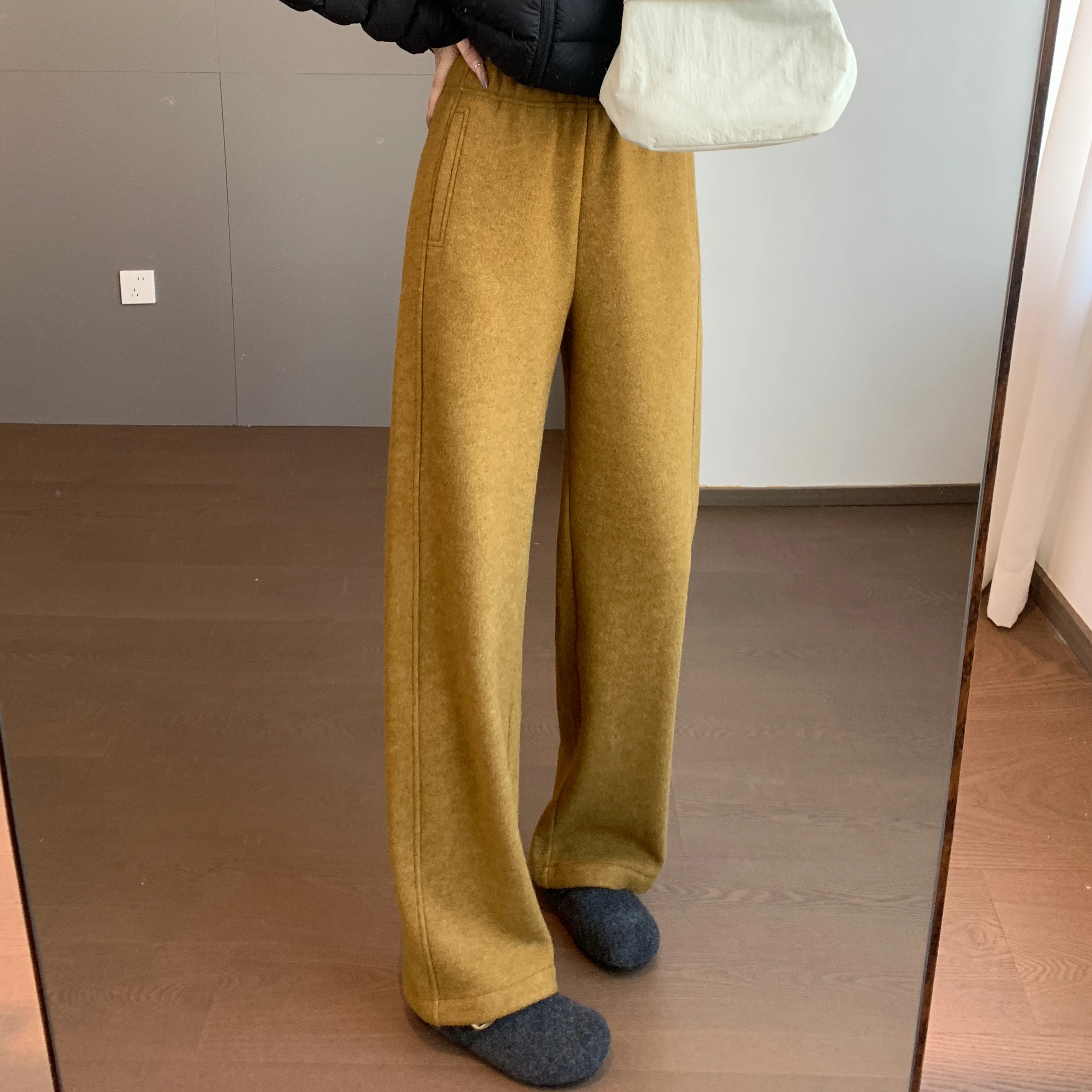 

Теплые шерстяные брюки с высокой талией, эластичные, широкие штанины, из плотного трикотажа, повседневные, прямого кроя...