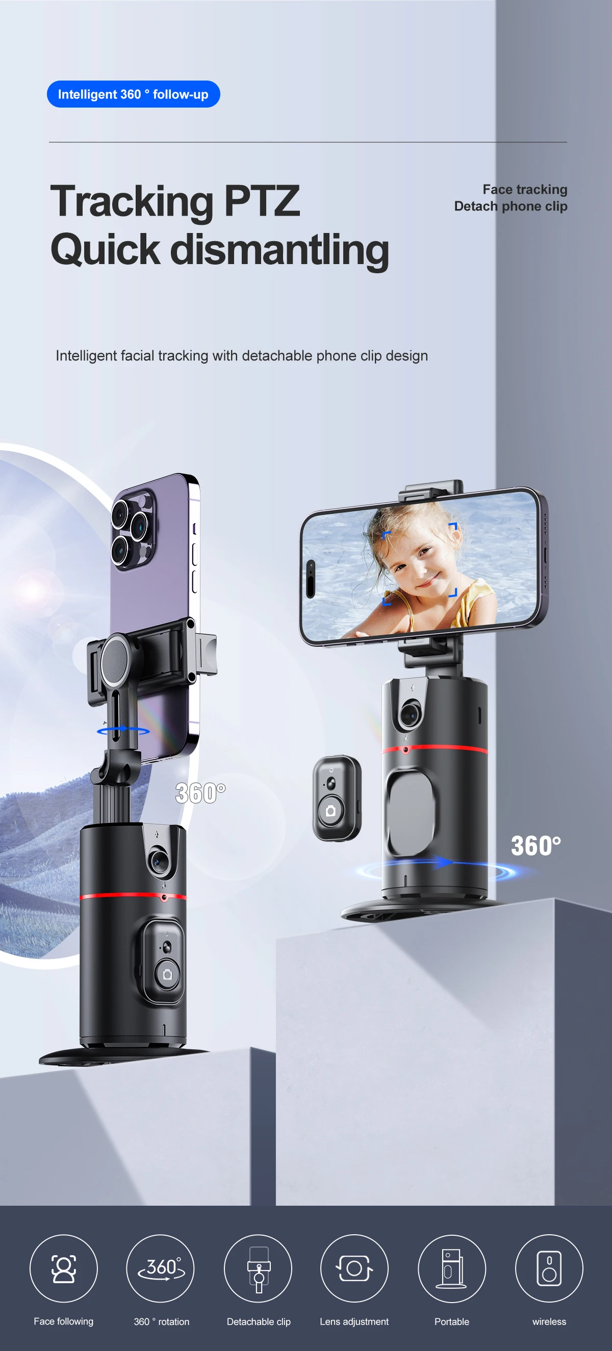 

Mobile phone camera following PTZ P02 desktop Tiktok live broadcast panoramic camera following bracket AI face recognition 360 °