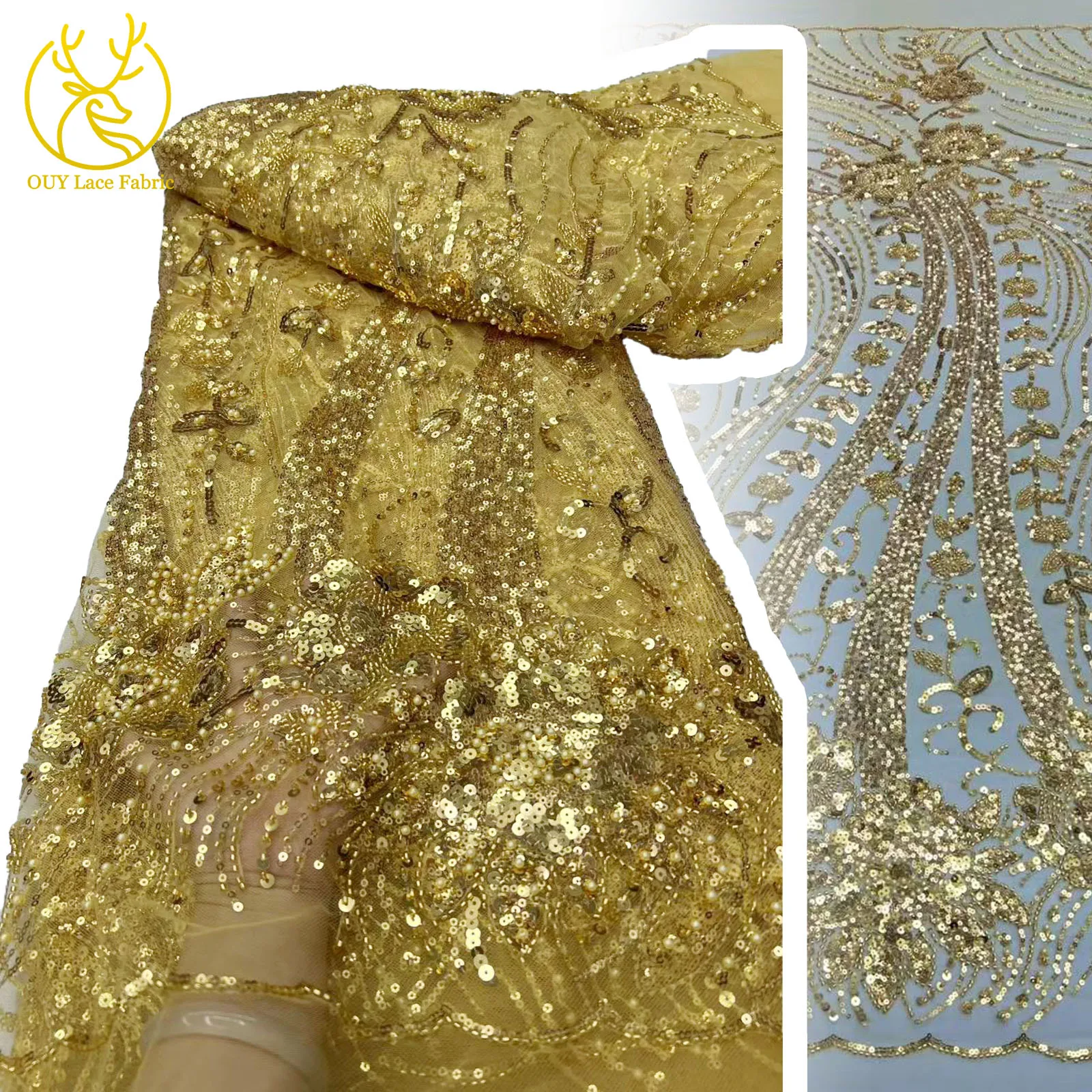 

Luxury African Beaded Mesh Lace Fabric 2025 High Grade French Nigerian Sequins Embroidery Tulle Lace for Sewing Party Dresses