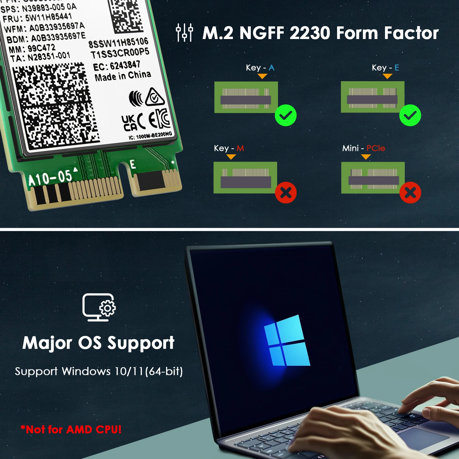 WAVLINK WiFi 7 Tri-Band Wireless Card 8774Mbps BE200 M.2 NGFF Network Module PCIe WiFi Adapter For Laptop Windows 10/11(64bit)