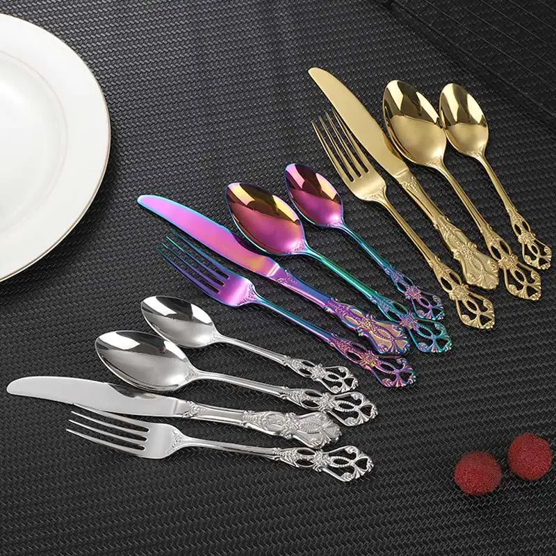 24pcs stainless steel cutlery Imperial Court steak knife and fork spoon gold hollow retro embossed coffee spoon