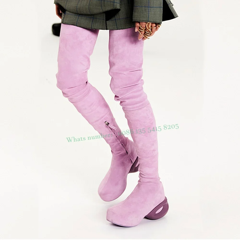 

Purple Suede Thigh High Boots Catwalk Round Toe Platform Low Heels Long Boots for Female Winter 2025 New Elegant Party Shoes