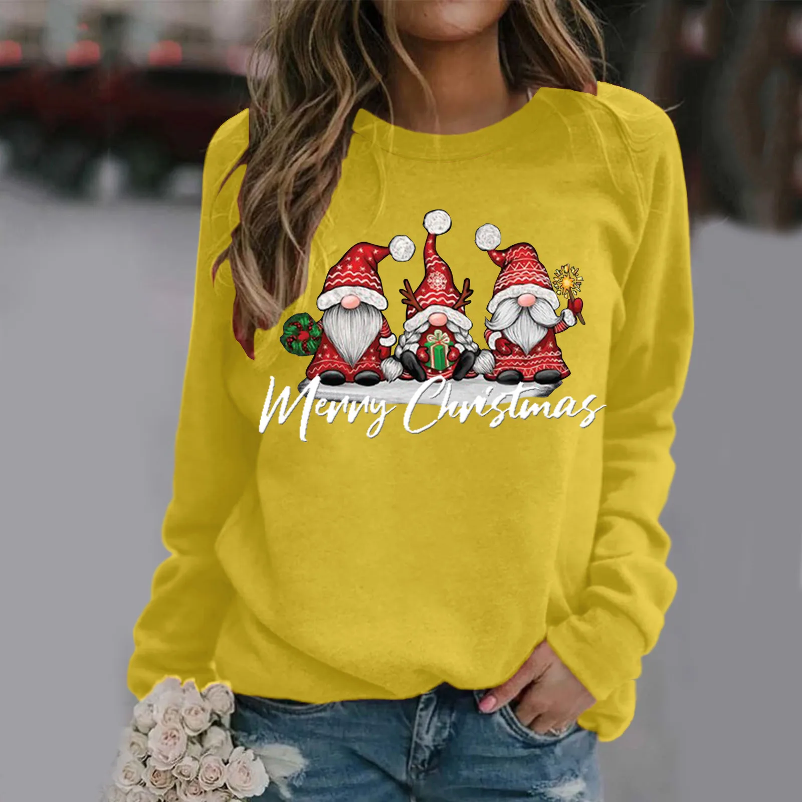 Sudadera con capucha con estampado de enano de Navidad para mujer, Jersey informal holgado de manga larga con cuello redondo, talla grande, combina con todo