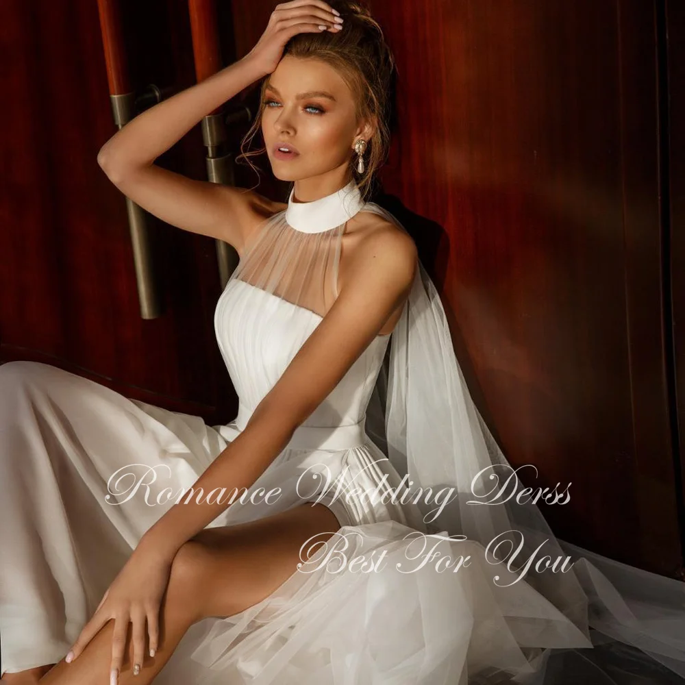 Modernes Brautkleid mit hohem Kragen und hohem Seitenschlitz, A-Linie, 2026, ärmellos, mit Falten, offener Rücken, Brautkleid, Vestidos de Novia, individuell gestaltet