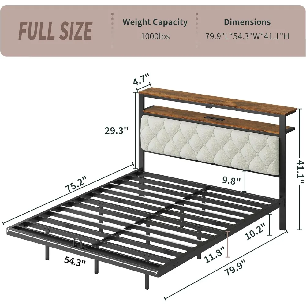 إطار سرير عائم كامل مع لوح رأسي، وإطارات سرير عائمة LED مع قاعدة شحن ومسند ظهر منجد، ورف تخزين