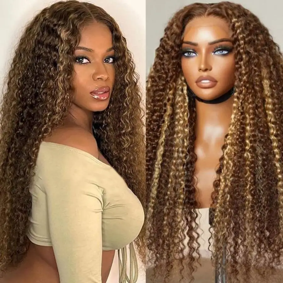 

Highlight Deep Wave Human Hair Curly Wig 13x6 HD Lace Front Wig 40 30 Inch Ombre Brown Colored Wig P4/27 Honey Blonde Preplucked
