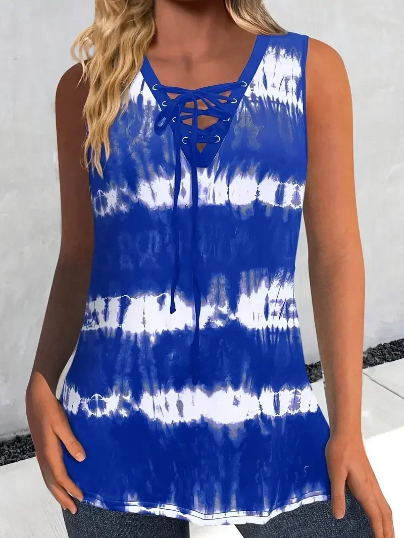حجم كبير 1XL-5XL المرأة موضة رابطة عنق مستديرة صبغ طباعة أكمام تانك القمم السيدات عادية الصيف القمم تانك