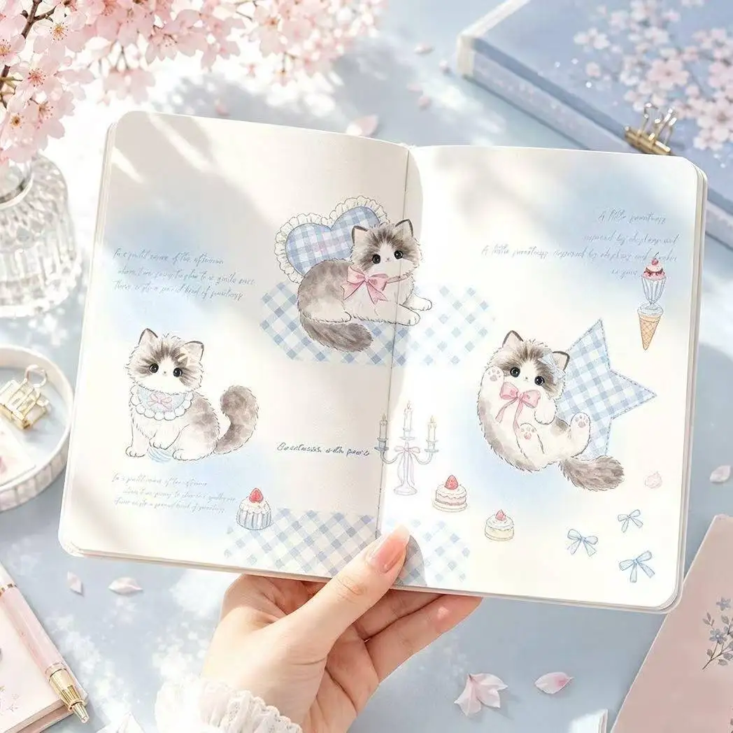 Cute Cat Light Blue Lace Leather Notebook with Color Pages, High Aesthetic Journal, Lovely Student Notepad