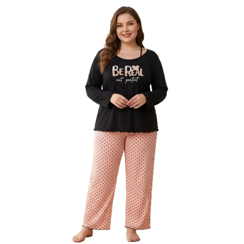 Plus Size Women Pajamas Set Spring Summer Thin Printed Crew Neck Long-sleeved Trousers Two-piece Set Milk Silk Loose Loungewear