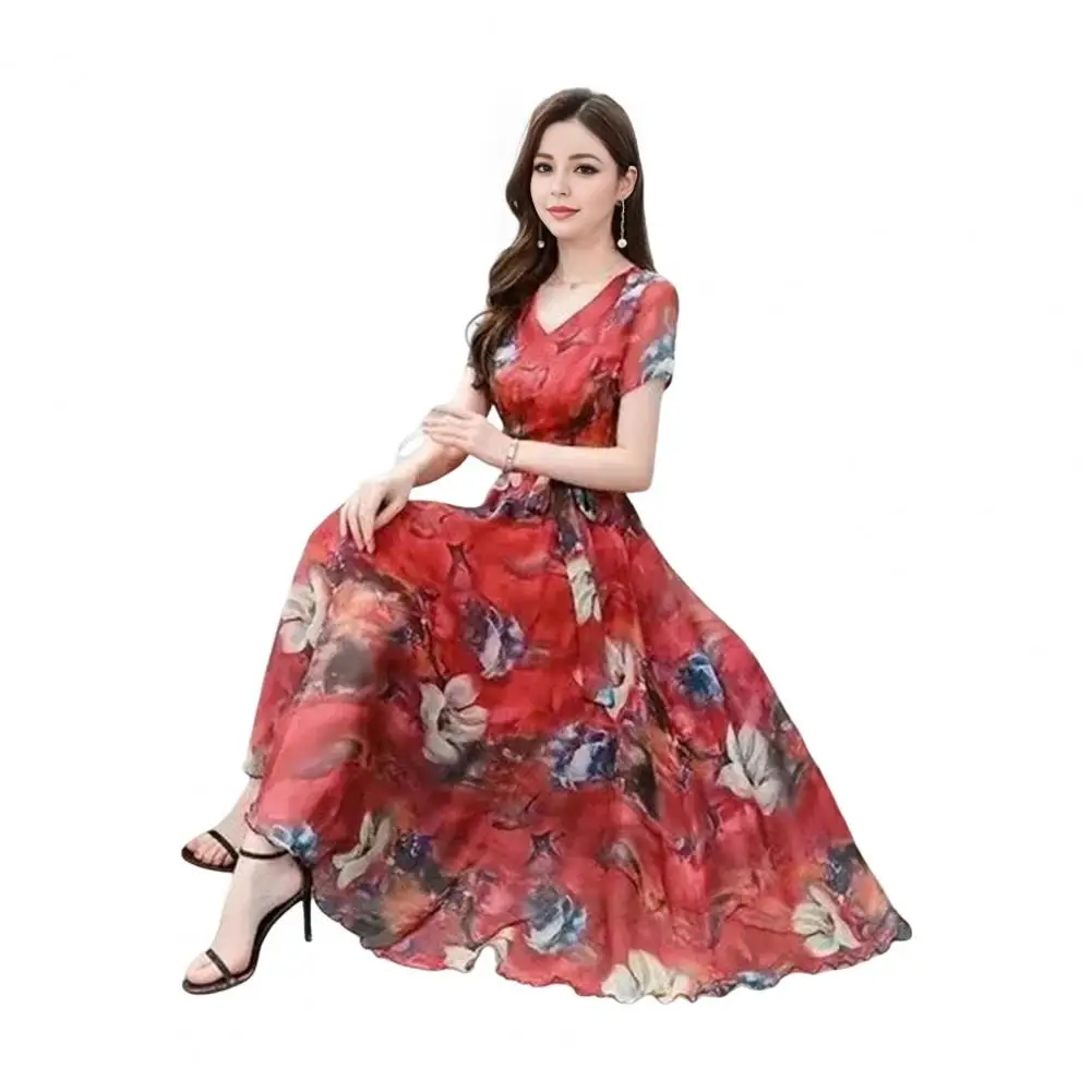 Vestido largo holgado con estampado Floral, traje elegante de corte en A con cordones en la cintura y cuello en V para fiestas de promoción y eventos de noche