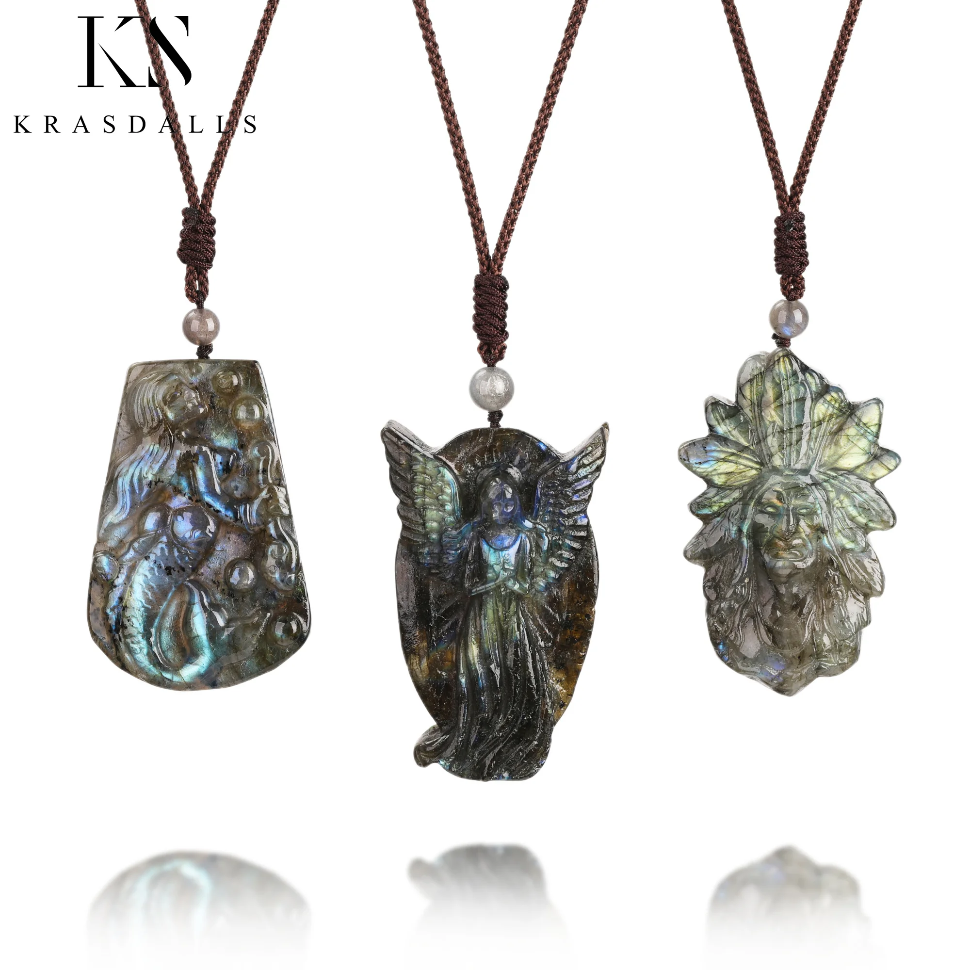 

Healing Natural Stone Labradorite Necklace Man Angels Pendant Engraved Mermaid Pendants Amulet Jewelry