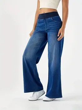 Y2K Ribbed-Waist Straight Jeans 3 Jeans for Woman Y2k Jeans Baggy Jeans Stretchy Fabric Loose Straight Leg Ribbed Waist Design Modern Trousers Urban Fashion 3