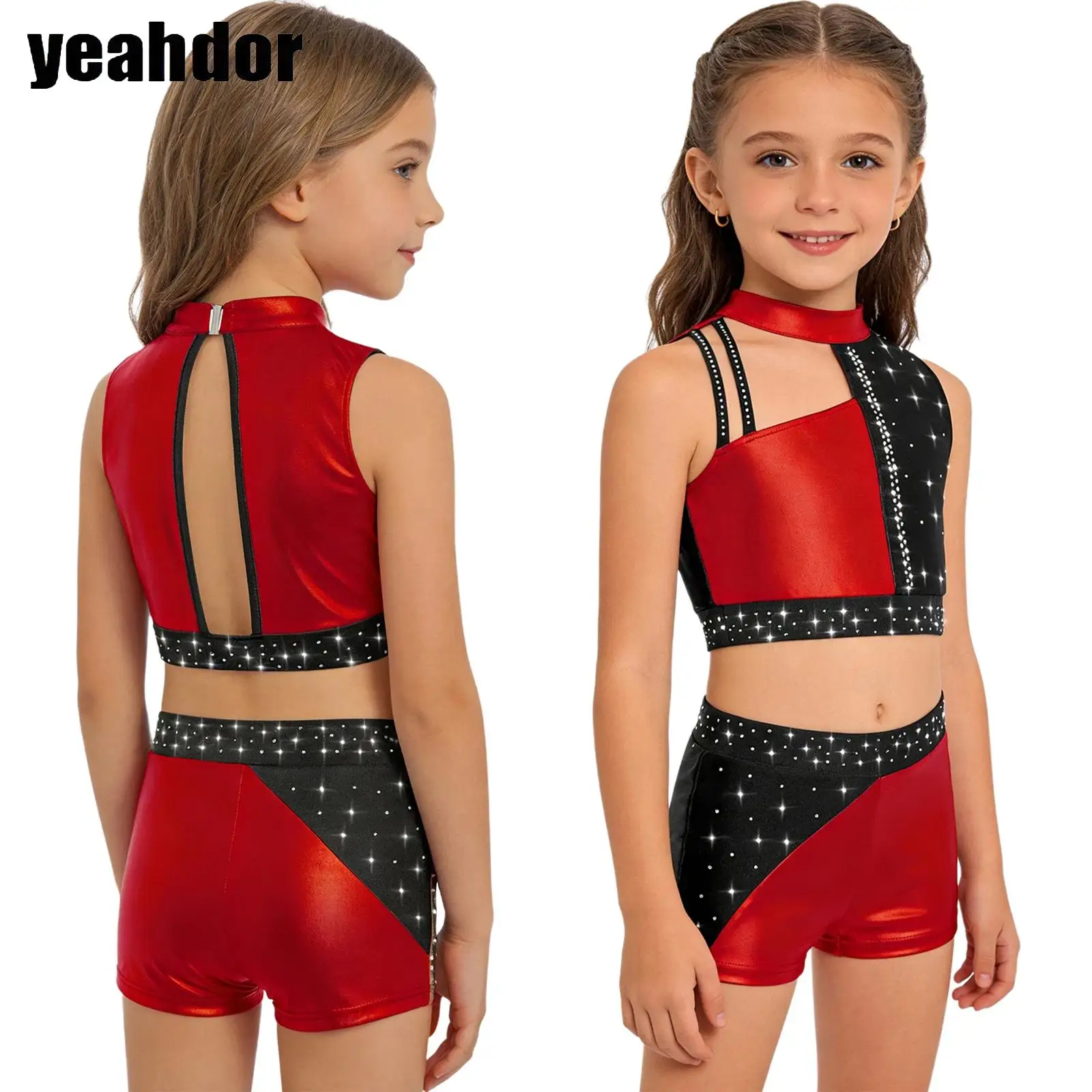 

Детский костюм для фигурного катания и гимнастики для девочек, костюм для балета и танцев, укороченный топ без рукавов со стразами на спине и шорты