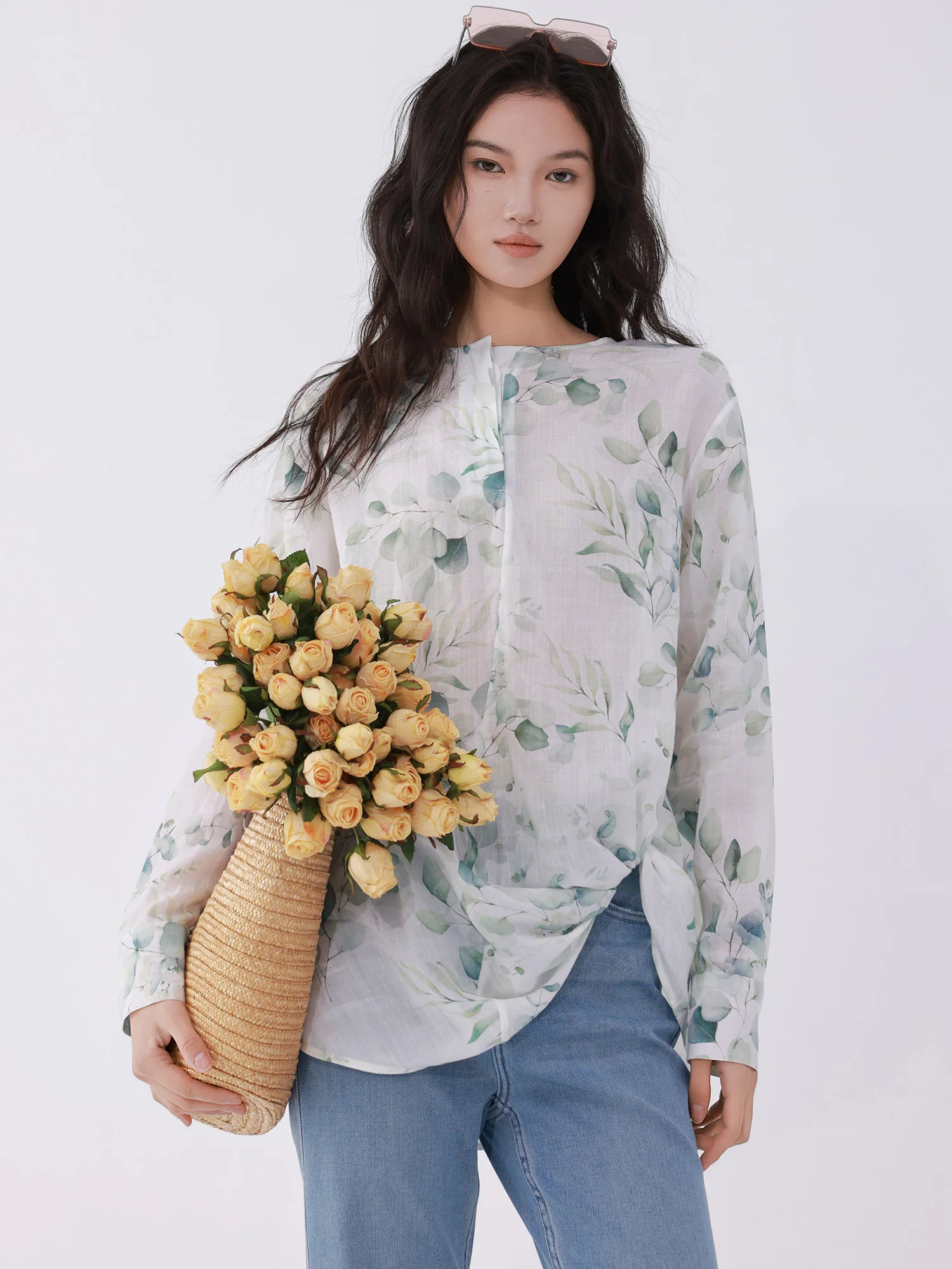 

Elegant round Neck Half Open Long Sleeve Printed Linen Shirt Natural Style Slimming Back Thin Women's Blouse Skin-frien...