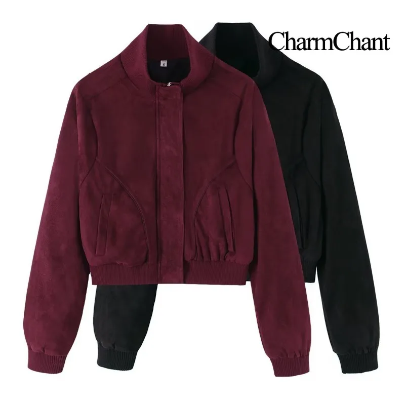 CHARMCHANT Womens Long Sleeve Suede Jacket Stand Collar Zip Up Raglan Sleeve Cropped Short Curved Seam Pockets Fall 2026