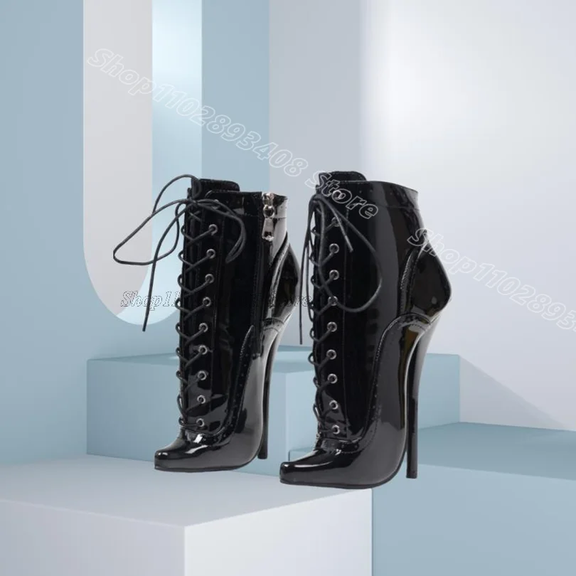 

Black Lace up Stiletto Short Boots Side Zipper Matte Leather Fashion British Style Women Short Boots 2025 Zapatos Para Mujere