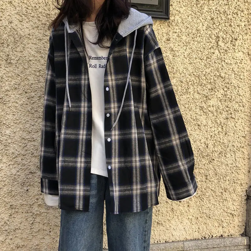 Harajuku Vintage Plaid Shirts Casual Long Sleeve Blouses Female Ulzzang Korean Oversize Top Patchwork Hooded Camisas Y Blusas