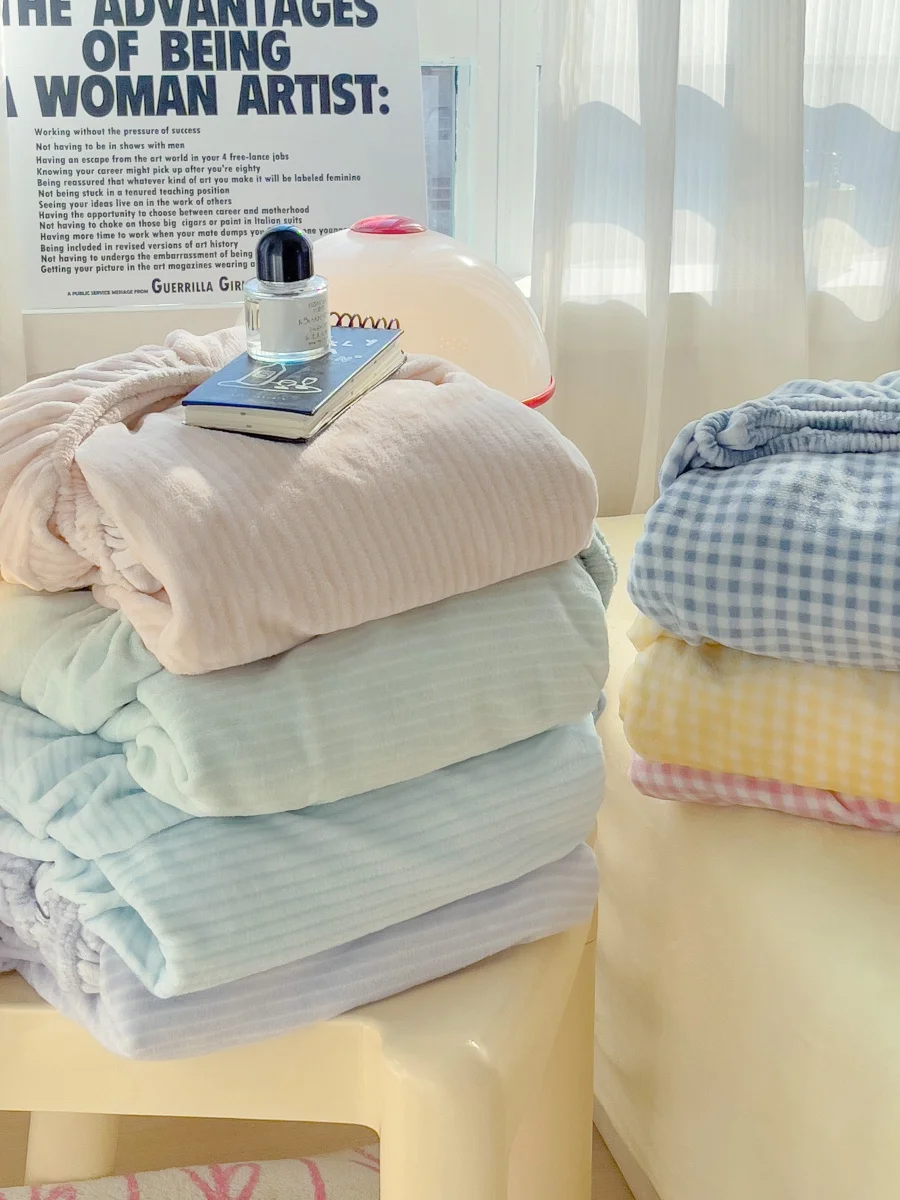 Soft Plush Bed Sheet Macaron Color Striped Checkered Milk Velvet 2 Meter 15 Fale Velvet Simple Style All Seasons Universal