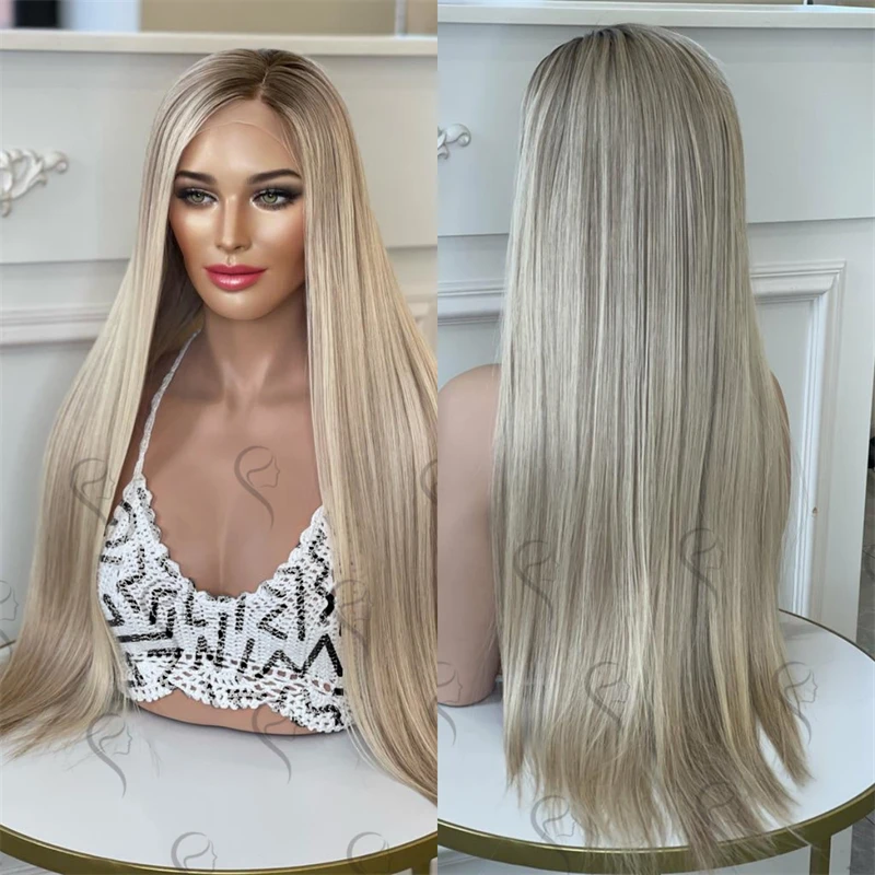 High Density 30 Inch Super Long Straight Wig Ombre Ash Blonde HD Lace Front Synthetic Wig Easy To Style For Women Cosplay Wig