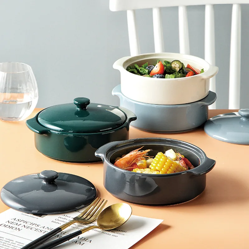 Household Color Glazed Ceramics Tureens Solid Heat-resistant Salad Fruits Soup Pot With Lid Handle Noodle Rice Food Bowl ZH621