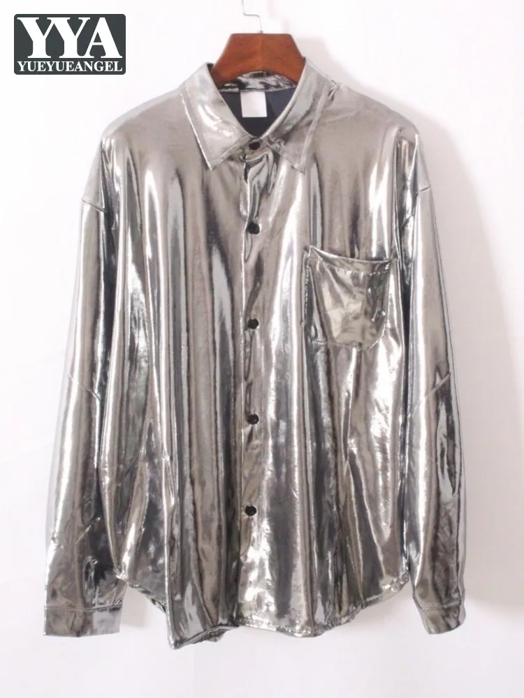 Male Glossy Surface Metal Wind Shirt Loose Long Sleeve Casual Turn Down Collar Single Breasted Tops High Street Fashion Shirts