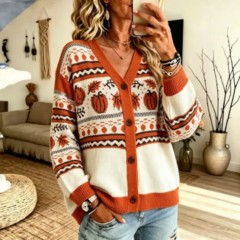 Women's Clothing Pumpkin Fair Isle Knit Cardigan V Neck Button Down Autumn Winter New Fashion Long Sleeve Vintage Sweater Coats