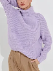 Women's Sweater Oversize Autumn Winter Warm Turtleneck Purple Pullovers Knitted Long Sleeve Tops Jumper 2967