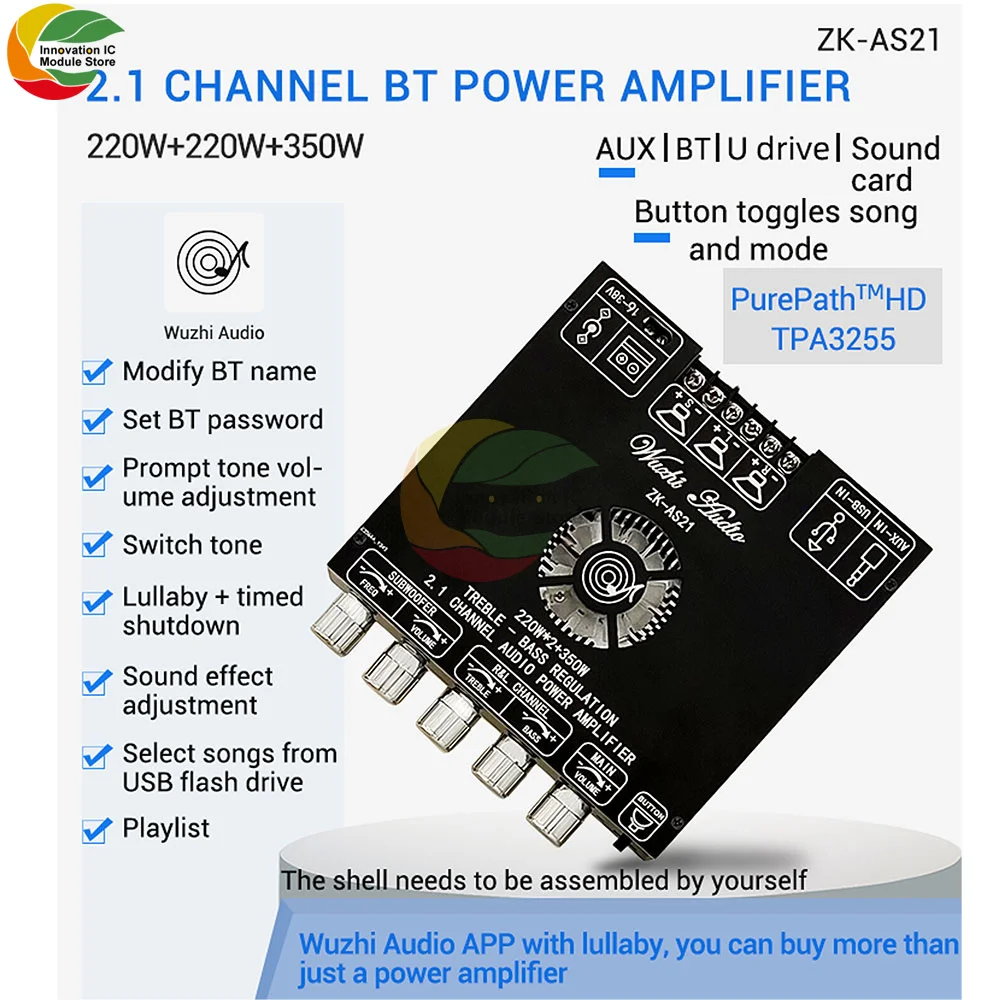 ZK-AS21 2.1 channel TPA3255 Bluetooth digital power amplifier board module high bass subwoofer 220WX2+350W power amplifier board