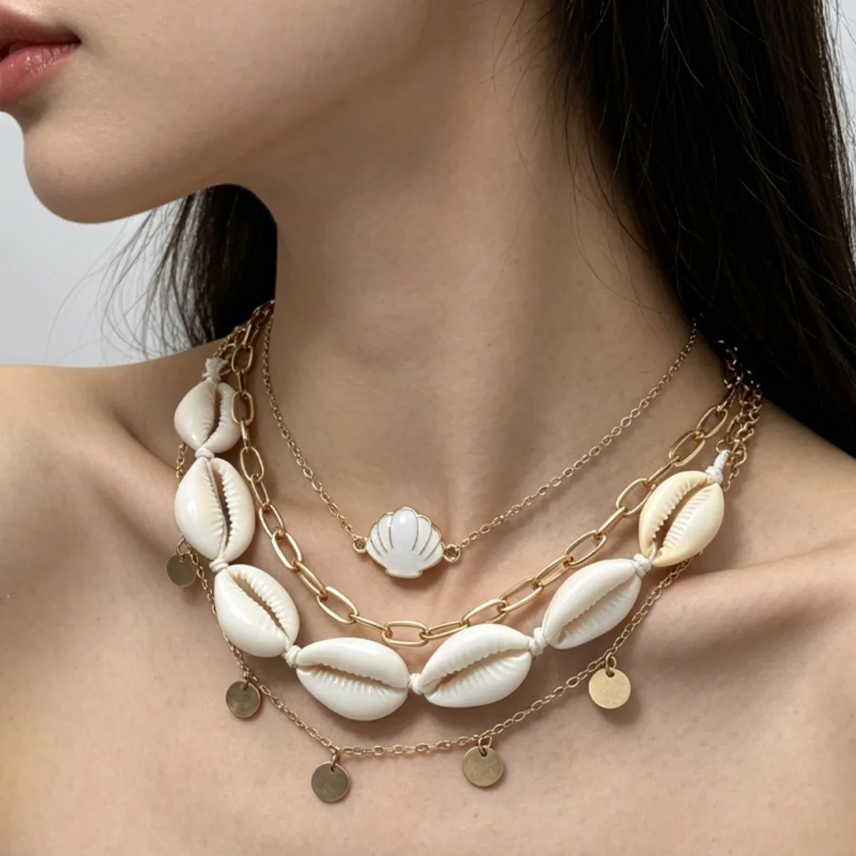 Multi Layer Beaded Chain Necklace Mixed Shell Starfish Pearl Charms Boho Ocean Summer Beach Statement Jewelry for
