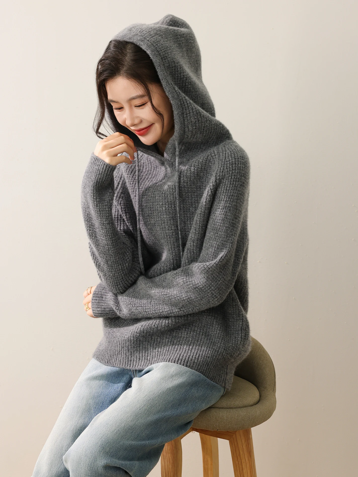 New Women 100% Merino Wool Hooded Pullover Knitted Drawstring Hoodie Sweater Autumn Winter Solid Color Long Sleeve Casual Tops