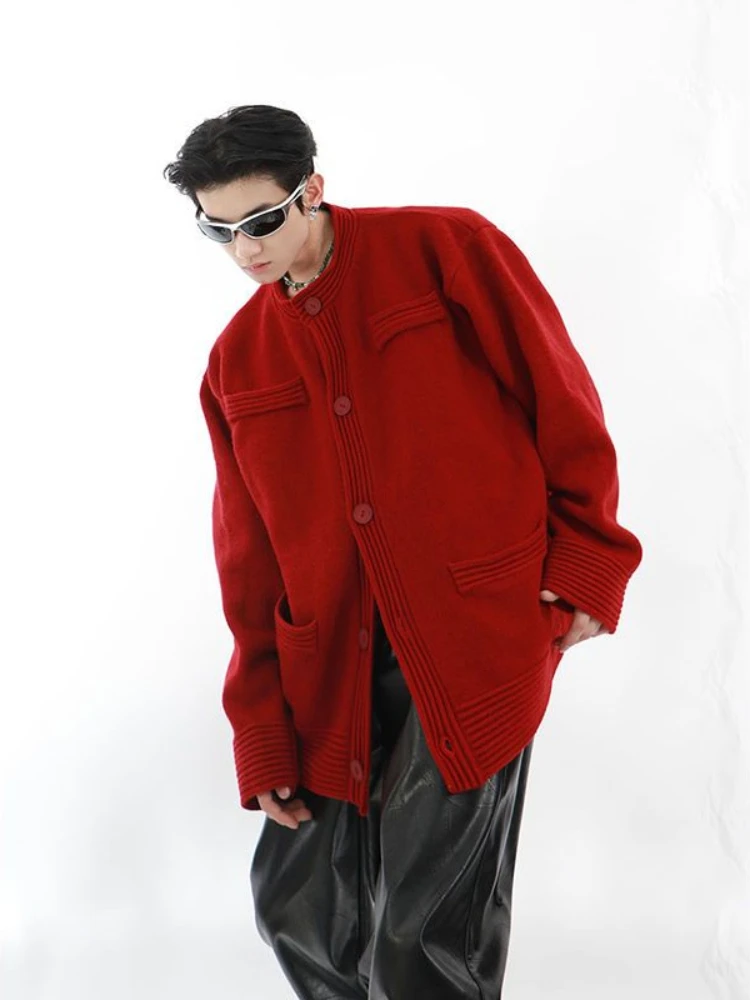 

Man Clothes Solid Color Round Collar Knitted Sweaters for Men Red Crewneck with Pockets Plain Cardigan Korean 2024 Autumn Sheap